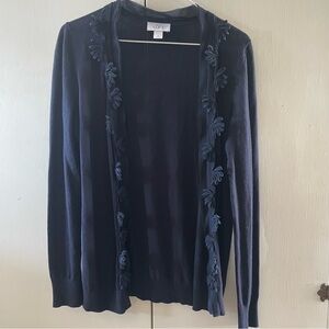 LOFT Dark Blue Open Front‎ Cardigan with Floral Like Accents